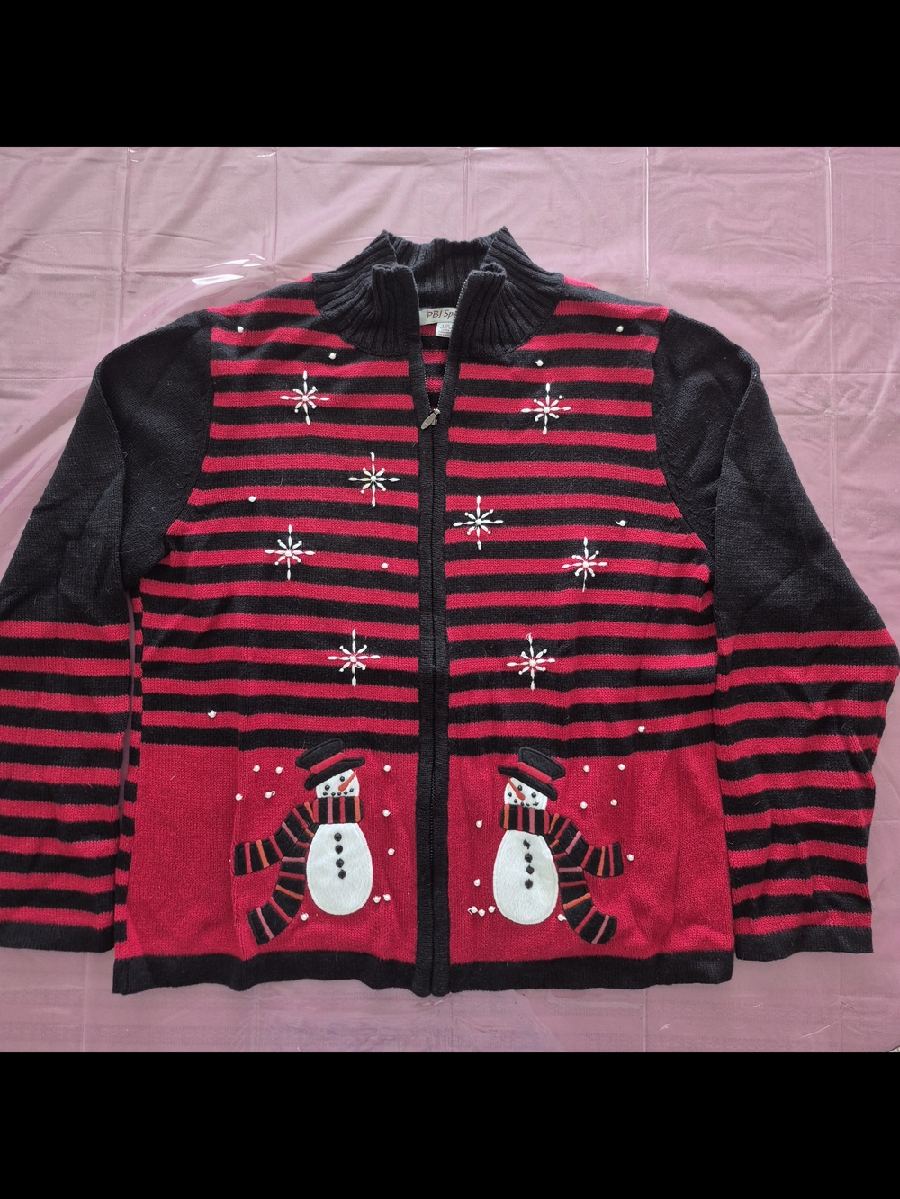 Vintage Women's Black Red Striped Zip Cardigan Sweater with Festive Embroidery L